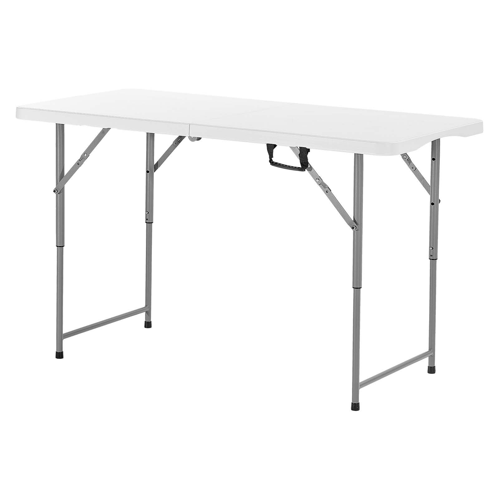 VEVOR Folding Table, 4 Ft Heavy Duty Portable Fold-in-Half Utility Table, Indoor Outdoor Plastic Rectangle Table with Adjustable Height and Built in Handle, for Party, Dining, Picnic, Camping, White