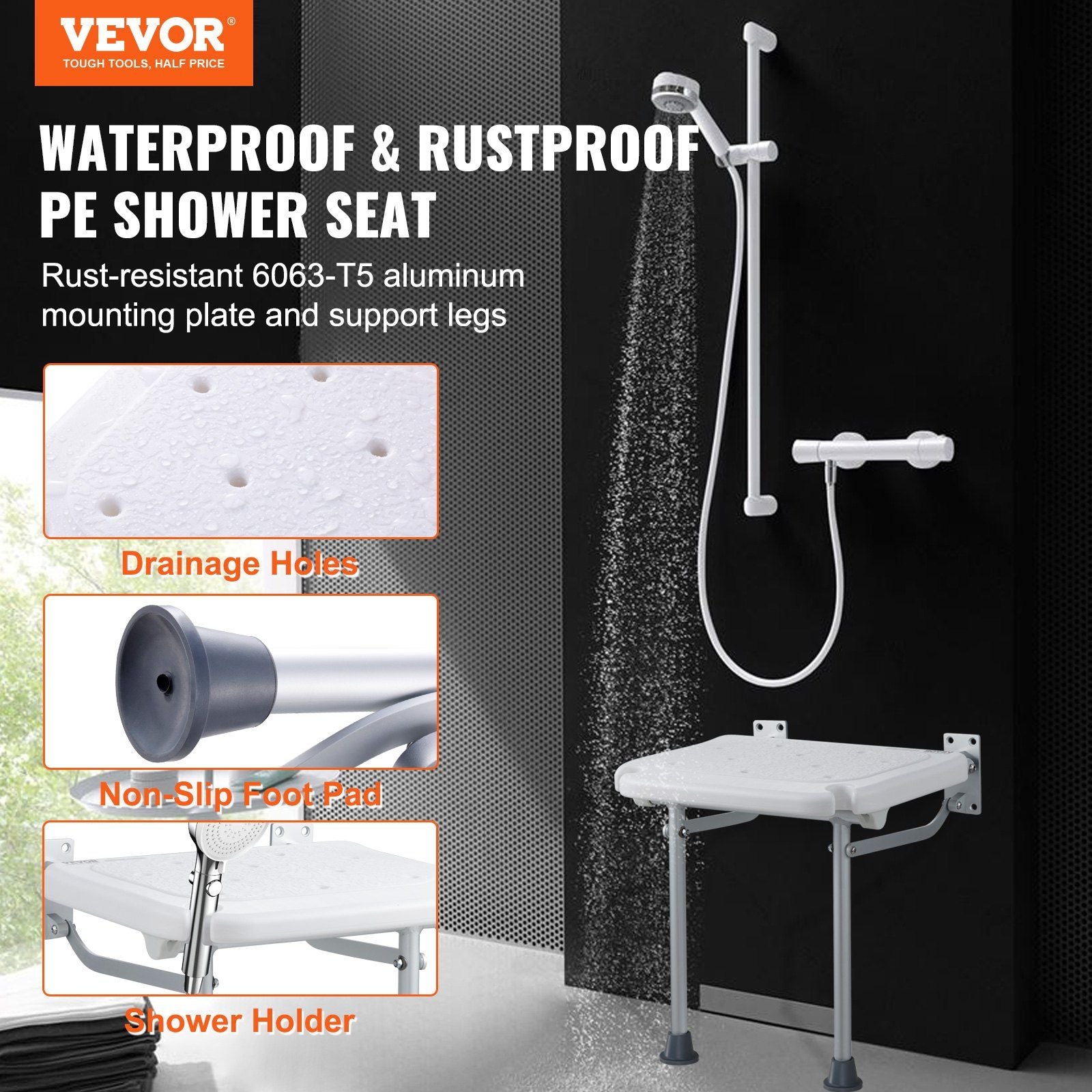 Folding PE Shower Seat, 15.7'' x 14.8'' Unfolded, Wall Mounted Fold Up Shower Bench with 500 lbs Load Capacity, Space Saving Fold Down Shower Chair for Seniors Pregnant Women Children Adults