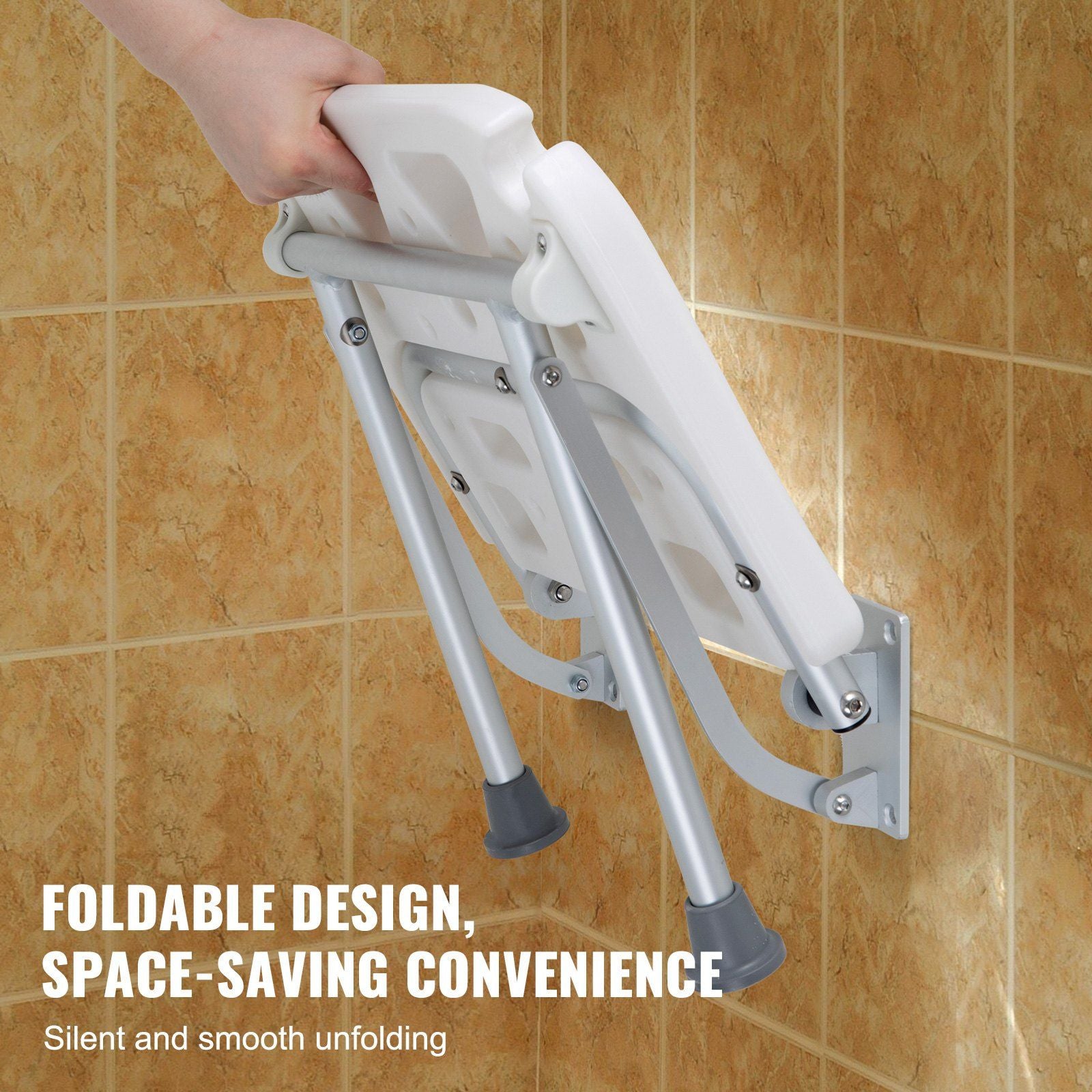 Folding PE Shower Seat, 15.7'' x 14.8'' Unfolded, Wall Mounted Fold Up Shower Bench with 500 lbs Load Capacity, Space Saving Fold Down Shower Chair for Seniors Pregnant Women Children Adults