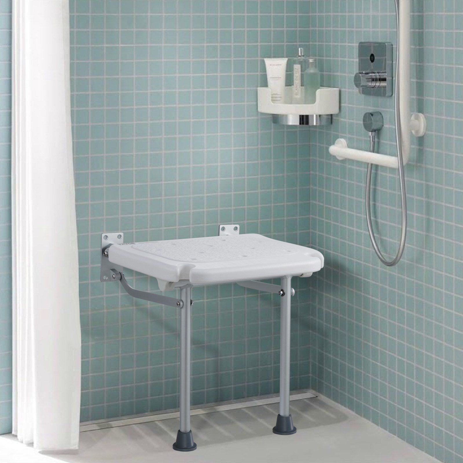 Folding PE Shower Seat, 15.7'' x 14.8'' Unfolded, Wall Mounted Fold Up Shower Bench with 500 lbs Load Capacity, Space Saving Fold Down Shower Chair for Seniors Pregnant Women Children Adults
