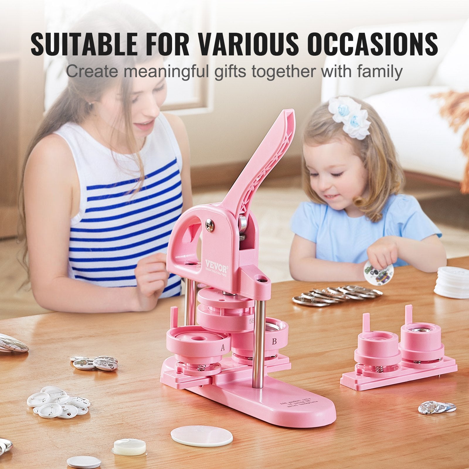 VEVOR Button Maker, 1/1.25/2.28 inch(25/32/58mm) 3-IN-1 Pin Maker, 300pcs Button Parts, Button Maker Machine with Panda Magic Book, Ergonomic Arc Handle Punch Press Kit, For Children DIY Gifts, Pink