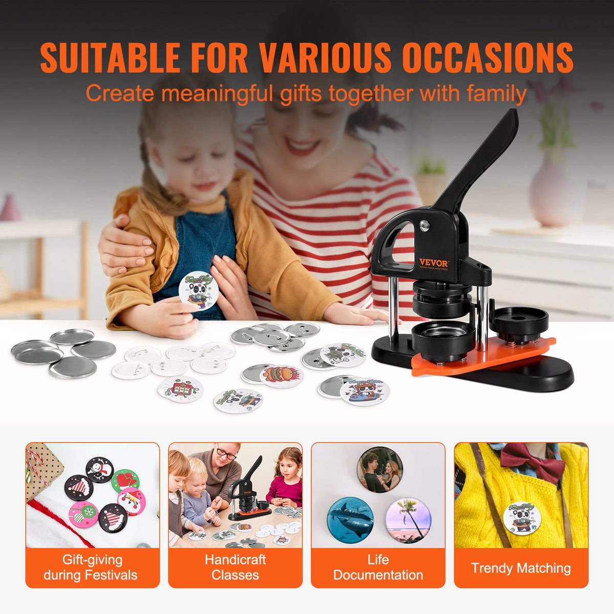 VEVOR Button Maker Machine, 2.28 inch/58mm Pin Maker, Installation-Free Badge Punch Press Kit, Children DIY Gifts Button Making Supplies with 100pcs Button Parts, Circle Cutter, Magic Book