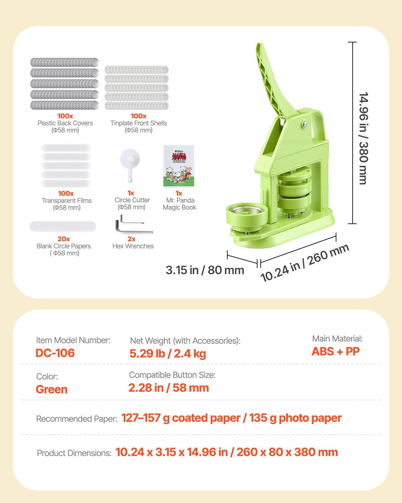 Button Maker Machine, 58 mm, Plastic Pin Maker with 100pcs Button Parts, Mr. Panda Magic Book, Circle Cutter and Hex Wrenches, Reinforced Ergonomic Handle, for DIY Badges, Personalized Pins