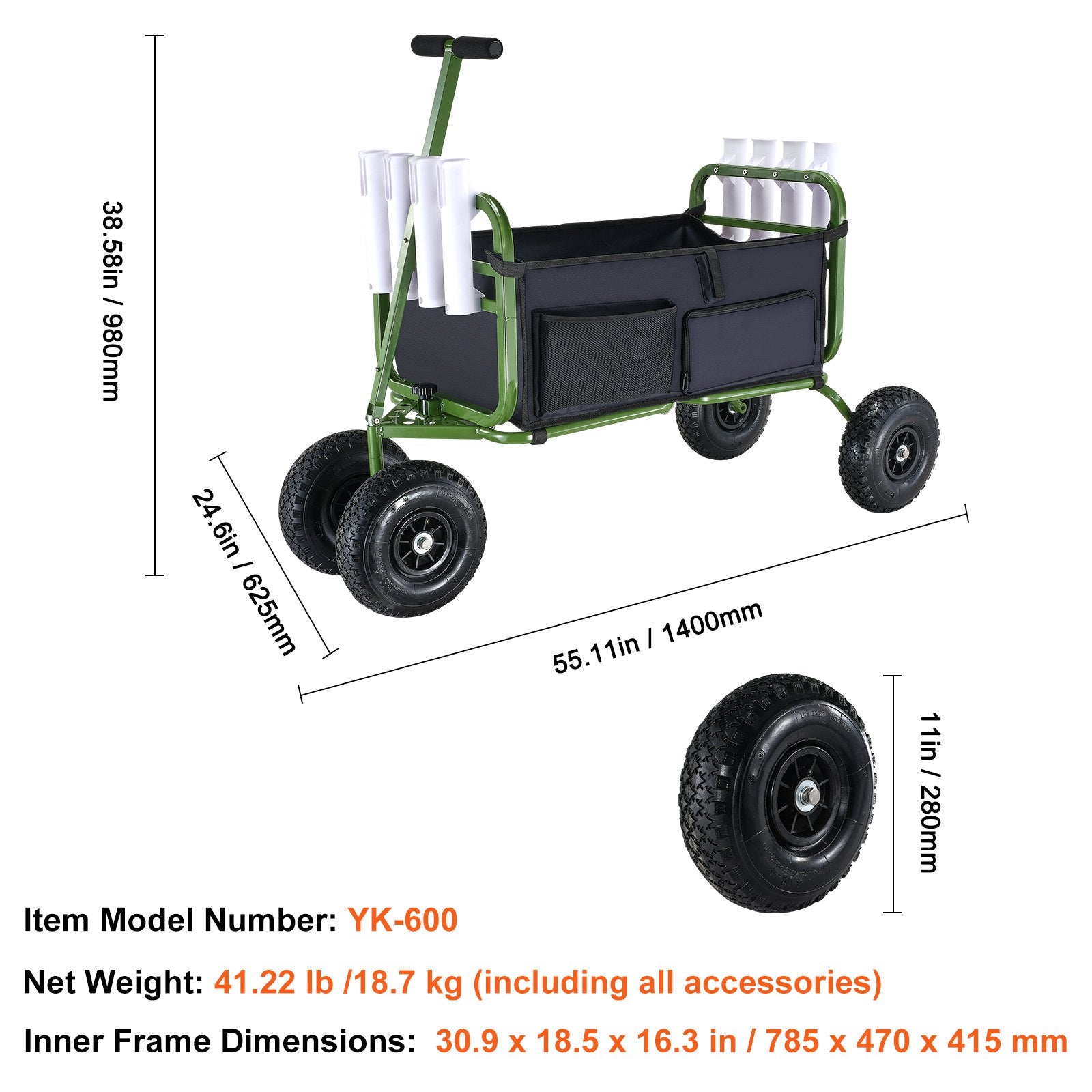 VEVOR Beach Fishing Cart, 136kg Load Capacity, Foldable Fish and Marine Cart with Four 280mm Big Wheels Rubber Balloon Tires, Heavy-Duty Steel Pier Wagon Trolley with 8 Rod Holders for Picnic
