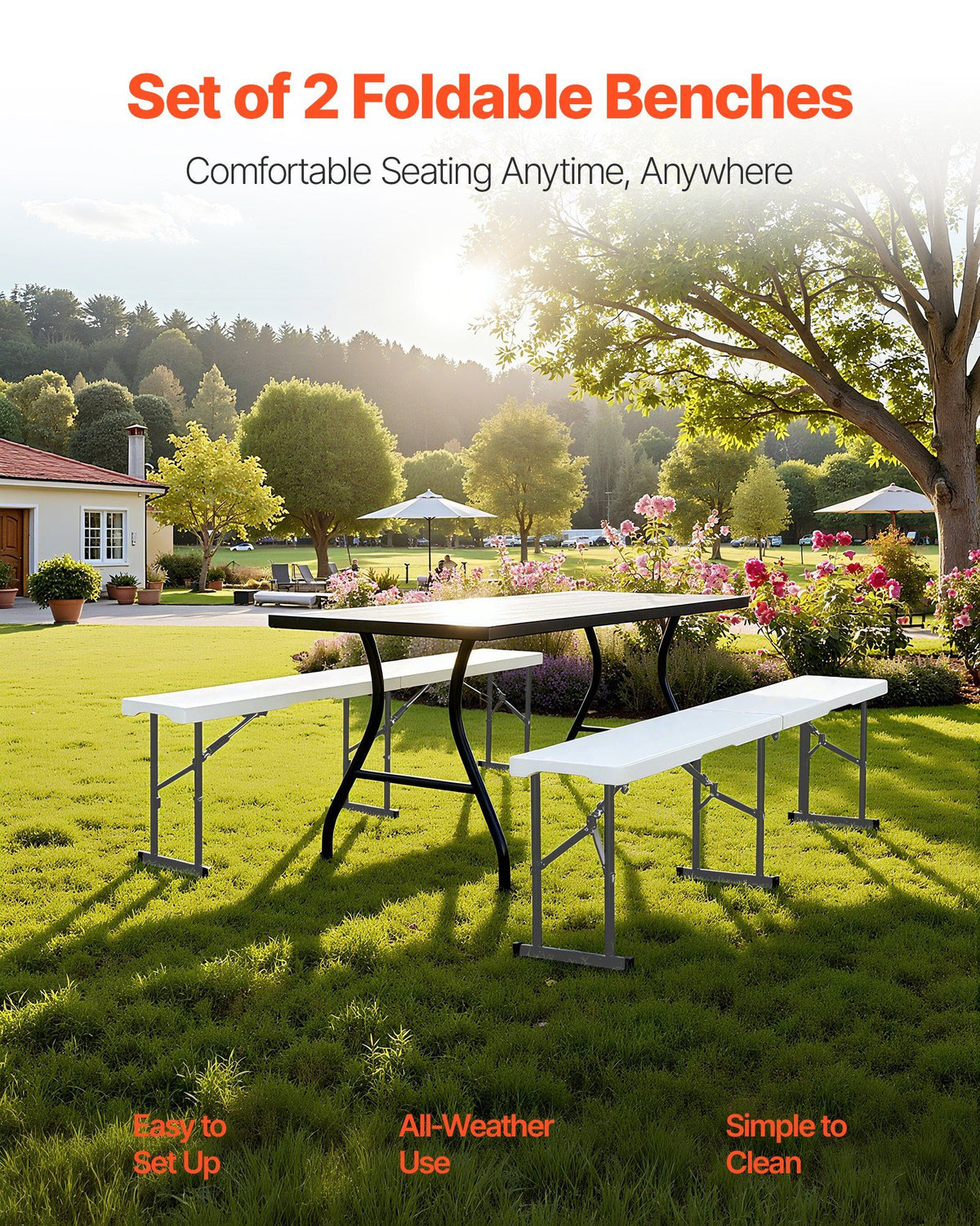 Plastic Folding Bench, 6 ft Portable Bench for Indoor/Outdoor Picnic Party Patio Camping Dining, Foldable Smooth HDPE Seat for Garden Soccer Multipurpose Entertaining Activities, 2 Pack, White