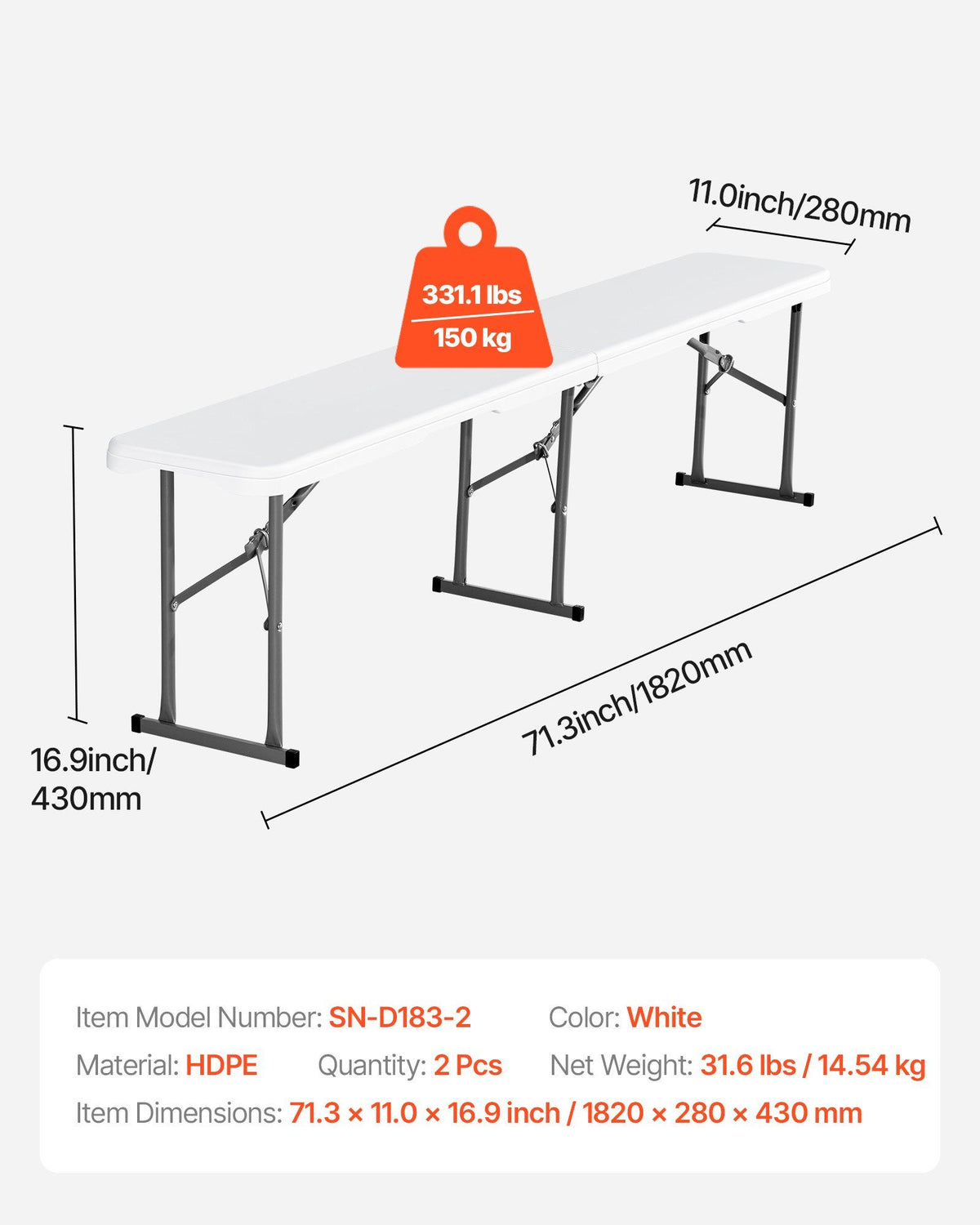 Plastic Folding Bench, 6 ft Portable Bench for Indoor/Outdoor Picnic Party Patio Camping Dining, Foldable Smooth HDPE Seat for Garden Soccer Multipurpose Entertaining Activities, 2 Pack, White