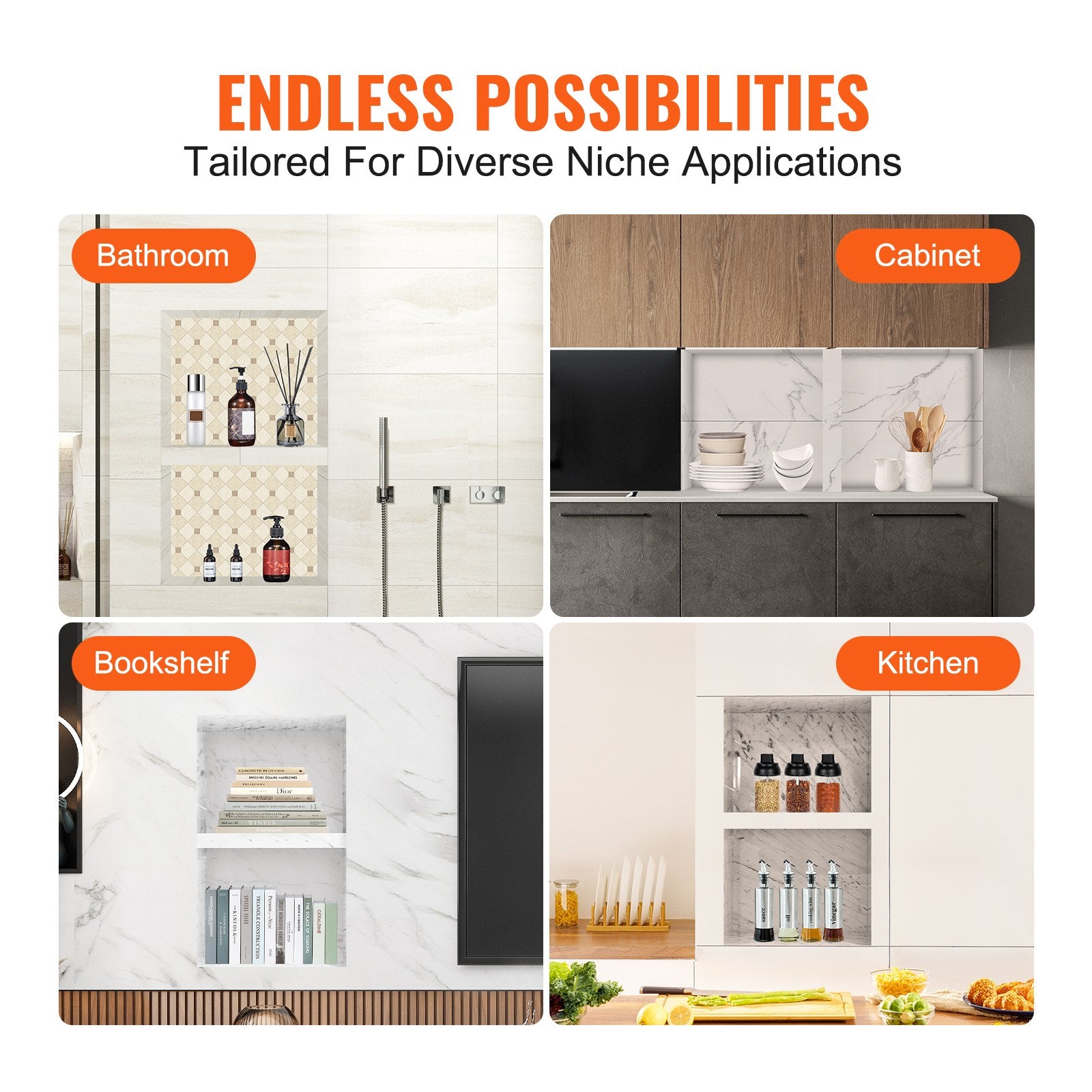 VEVOR Shower Niche Ready for Tile 40.64 x 60.96 cm, 16 x 24 inch Double Shelf Organizer, Square Corners Wall-inserted Niche Recessed, Sealed Protection Modern Soap Storage Niche for Shower Bathroom, Black