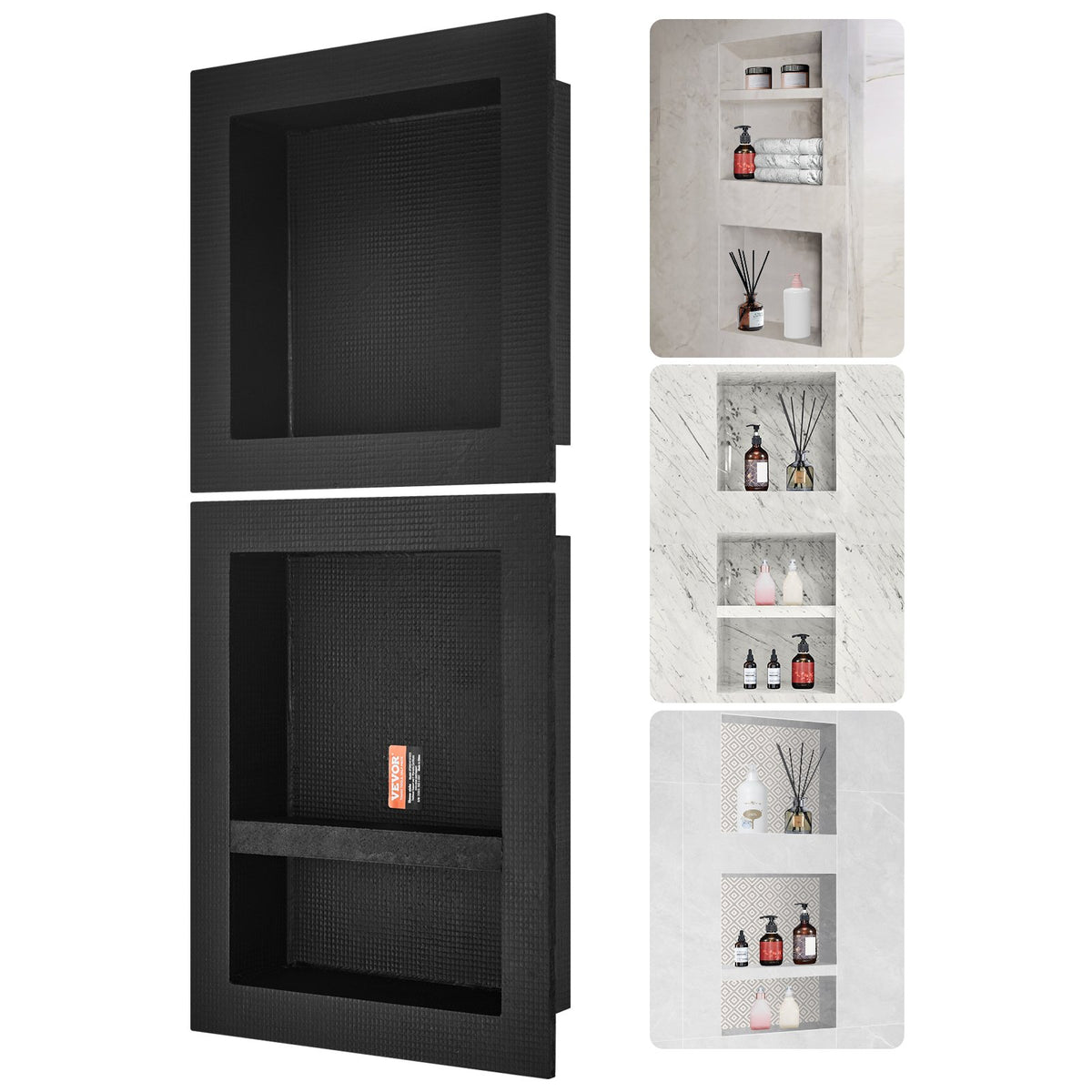VEVOR Shower Niche Ready for Tile 40.64x40.64cm &amp; 40.64x50.8cm, Triple Shelf, Square Corners Wall-inserted Niche Recessed, Sealed Protection Modern Soap Storage Niche for Shower Bathroom, Black