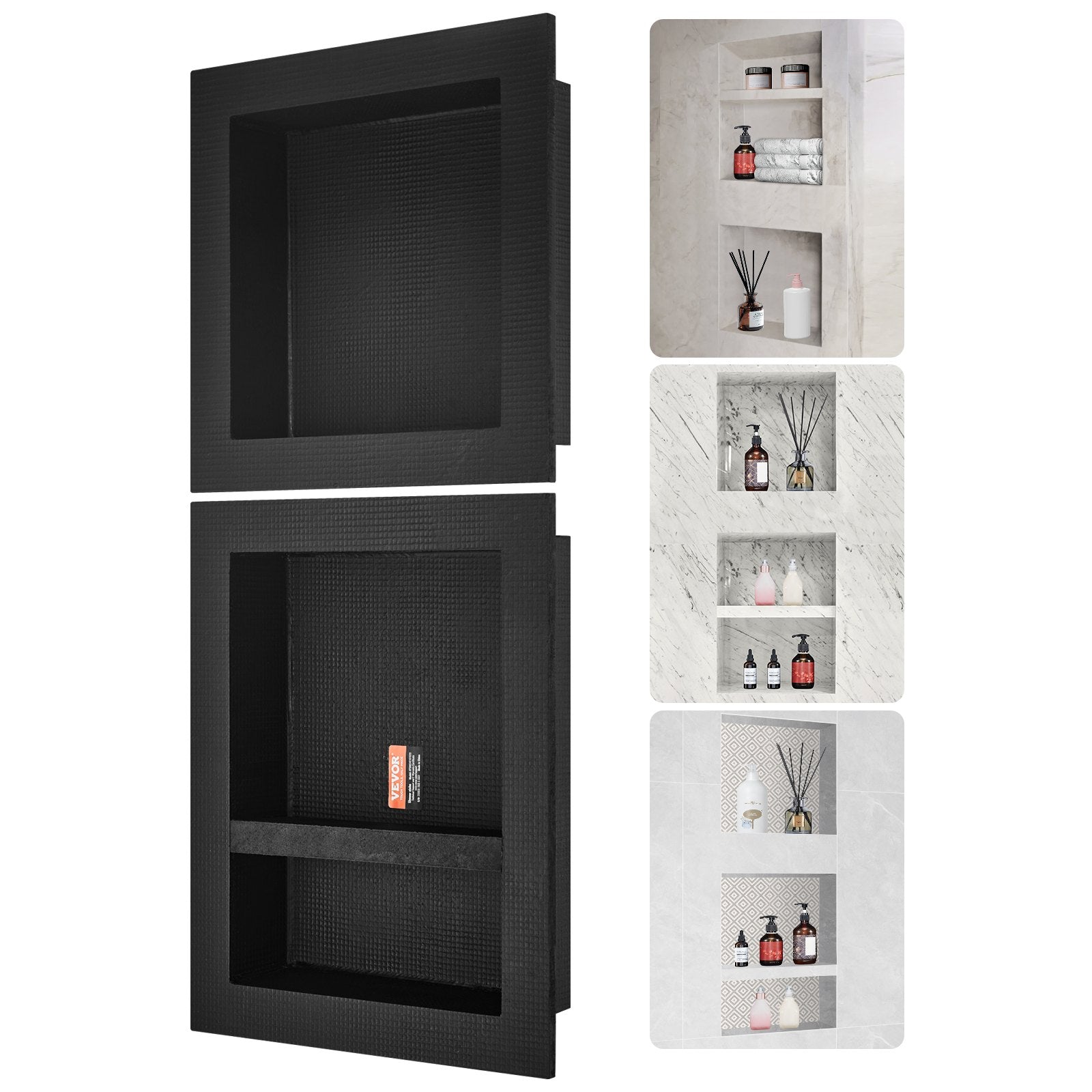 VEVOR Shower Niche Ready for Tile 40.64x40.64cm & 40.64x50.8cm, Triple Shelf, Square Corners Wall-inserted Niche Recessed, Sealed Protection Modern Soap Storage Niche for Shower Bathroom, Black