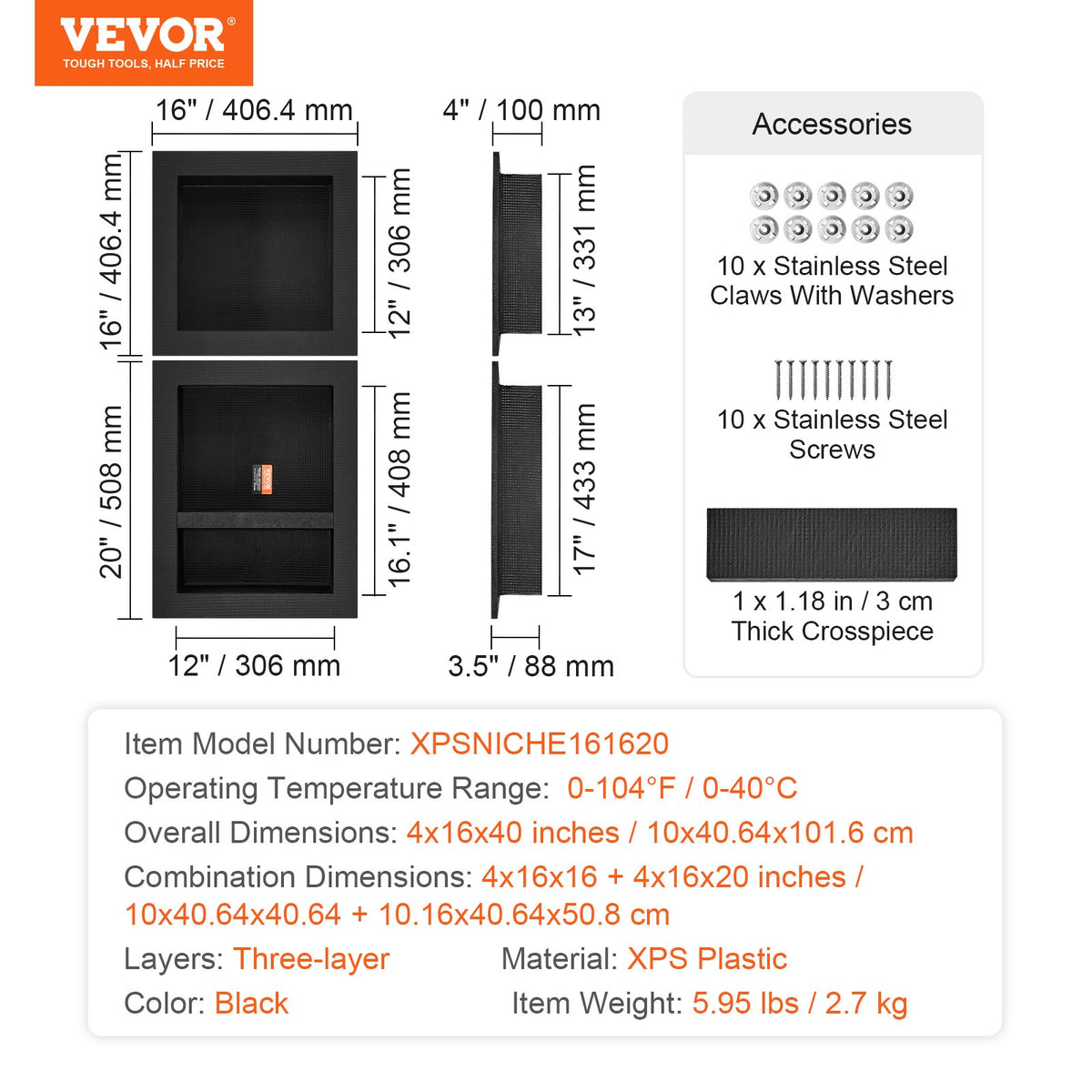 VEVOR Shower Niche Ready for Tile 40.64x40.64cm & 40.64x50.8cm, Triple Shelf, Square Corners Wall-inserted Niche Recessed, Sealed Protection Modern Soap Storage Niche for Shower Bathroom, Black