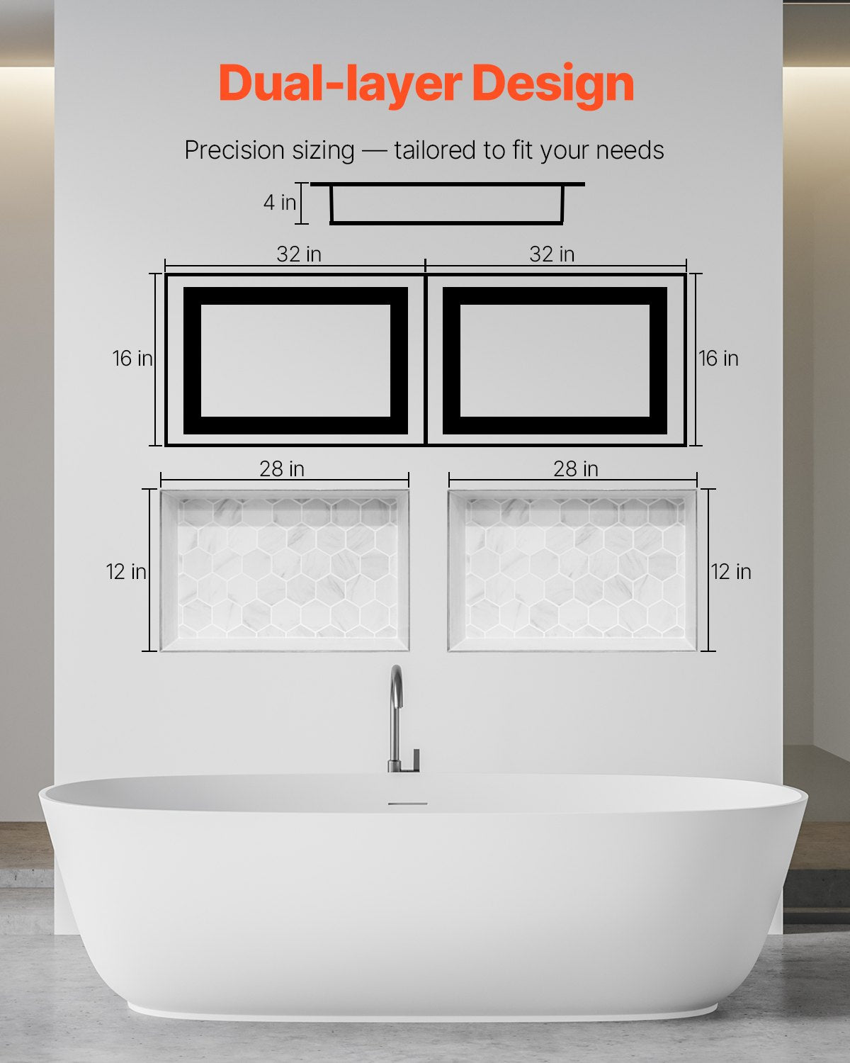 VEVOR Shower Niche 40.6 x 81.3 + 40.6 x 81.3 cm Recessed Wall Shelf Bathroom