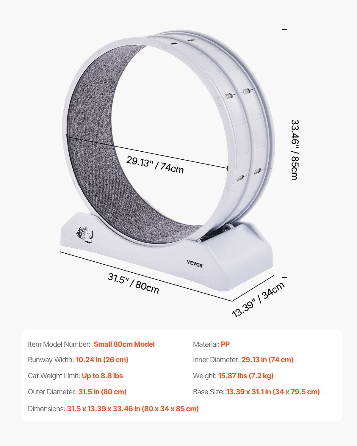 VEVOR Cat Exercise Wheel, 31.5 in, Large Cat Running Wheel with Secure Brake & Carpeted Runway, Quiet Operation Cat Treadmill, Indoor Cats Exerciser Wheel for Pets Weight Loss & Health White