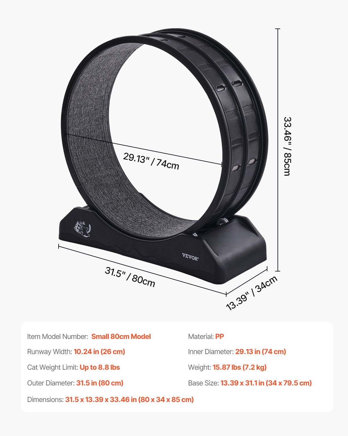 VEVOR Cat Exercise Wheel, 31.5 in, Large Cat Running Wheel with Secure Brake & Carpeted Runway, Quiet Operation Cat Treadmill, Indoor Cats Exerciser Wheel for Pets Weight Loss & Health Black