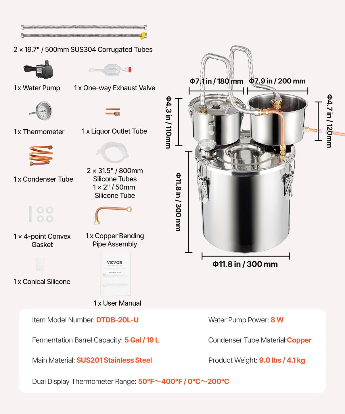 VEVOR Moonshine Still Water Alcohol Distiller 5Gal w/Thumper Keg & 8W Water Pump