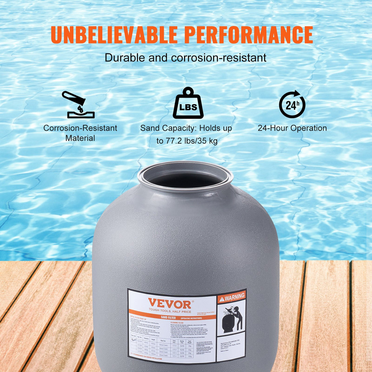 VEVOR Sand Filter, 16-inch, 406.4mm, Up to 35 GPM Flow Rate, Above Inground Swimming Pool Sand Filter System with 7-Way Multi-Port Valve, Filter, Backwash, Rinse, Recirculate, Waste, Winter, Closed Functions