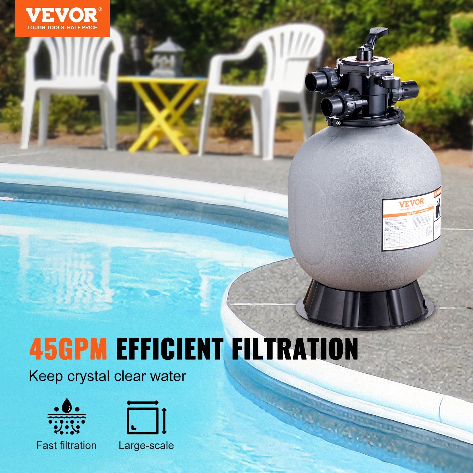 VEVOR Sand Filter, 19-inch, 482.6mm, Up to 45 GPM Flow Rate, Above Inground Swimming Pool Sand Filter System with 7-Way Multi-Port Valve, Filter, Backwash, Rinse, Recirculate, Waste, Winter, Closed Functions