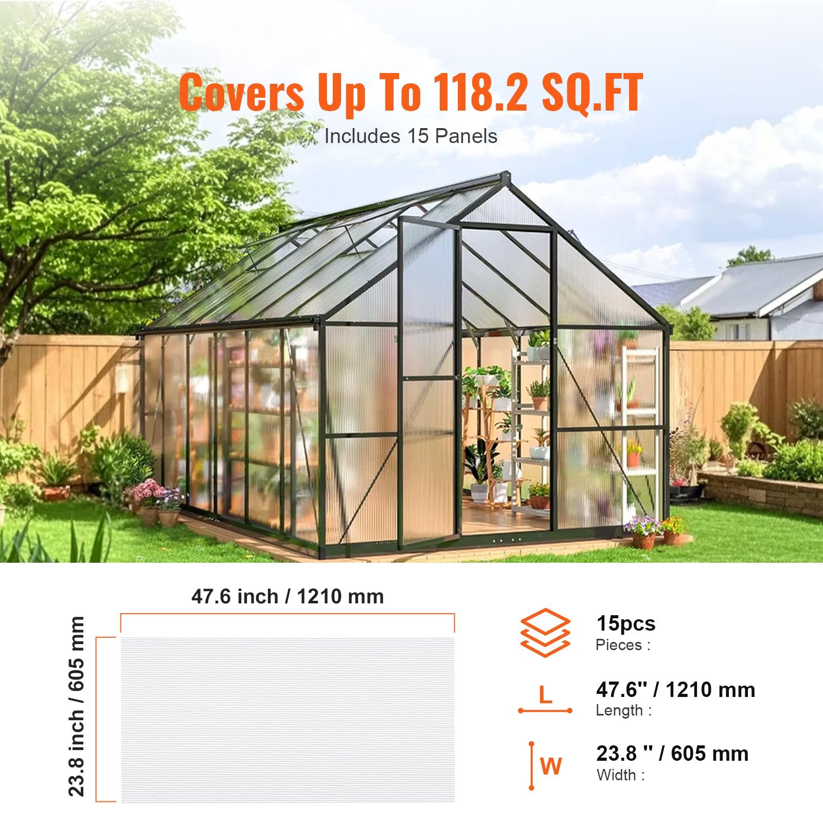VEVOR 15 Pack Polycarbonate Greenhouse Panels, 2' X 4' X 0.24'' Roof Panels Sheets, Waterproof UV Protected Corrugated Plastic Roofing, Impact Resistance Clear Roofing Sheets for Greenhouse/Garden