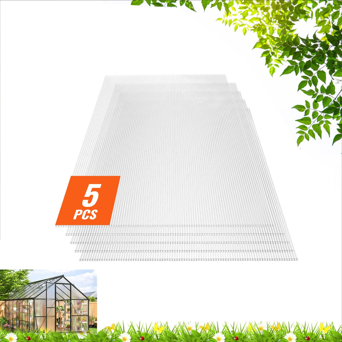 VEVOR 5 Pack Polycarbonate Greenhouse Panels 2' X 4' X 0.32'' Roof Sheets