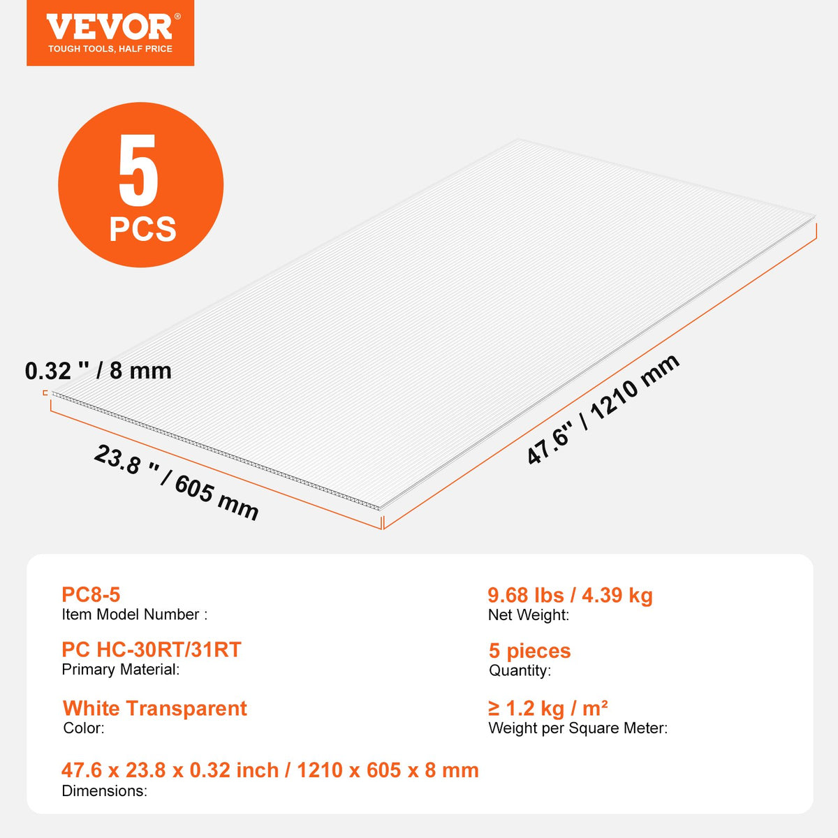 VEVOR 5 Pack Polycarbonate Greenhouse Panels 2' X 4' X 0.32'' Roof Sheets
