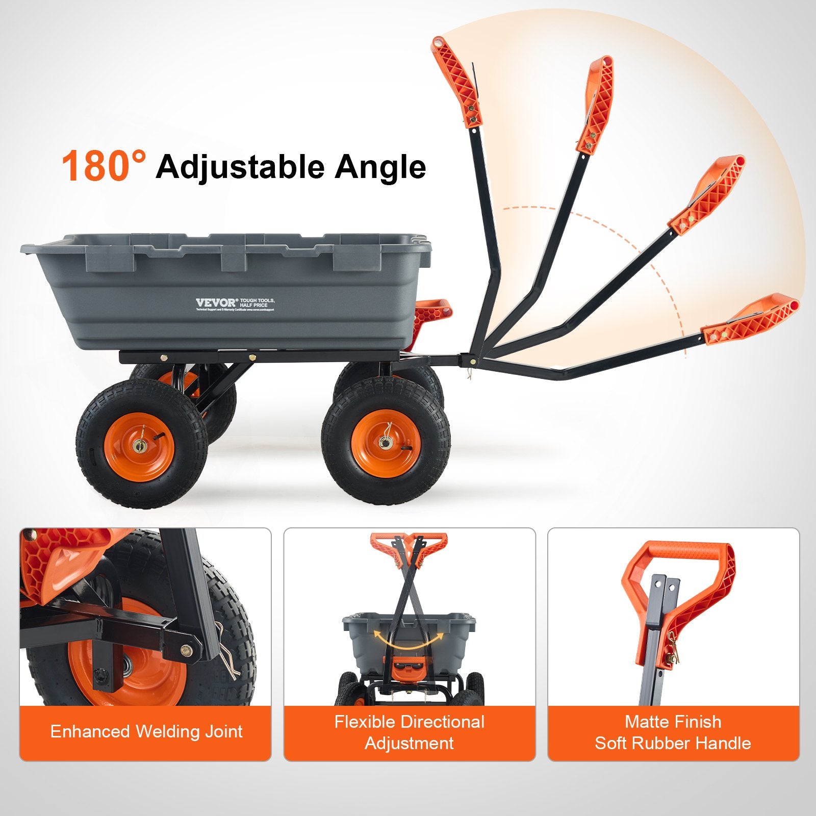 VEVOR Dump Cart, Poly Garden Dump Cart with Easy to Assemble Steel Frame, Dump Wagon with 2-in-1 Convertible Handle, Utility Wheelbarrow  544kg/ 1200lbs Capacity, 33cm/ 13 inch Tires