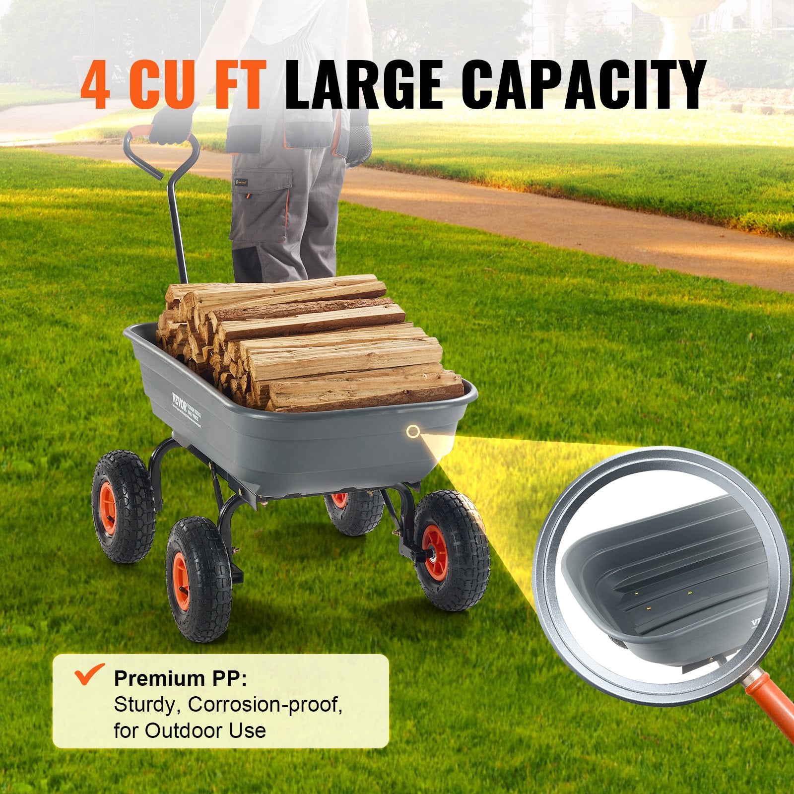 VEVOR Dump Cart, Poly Garden Dump Cart with Easy to Assemble Steel Frame, Dump Wagon with 2-in-1 Convertible Handle, Utility Wheelbarrow 272kg/ 600lbs Capacity, 25.5cm/ 10 inch Tires