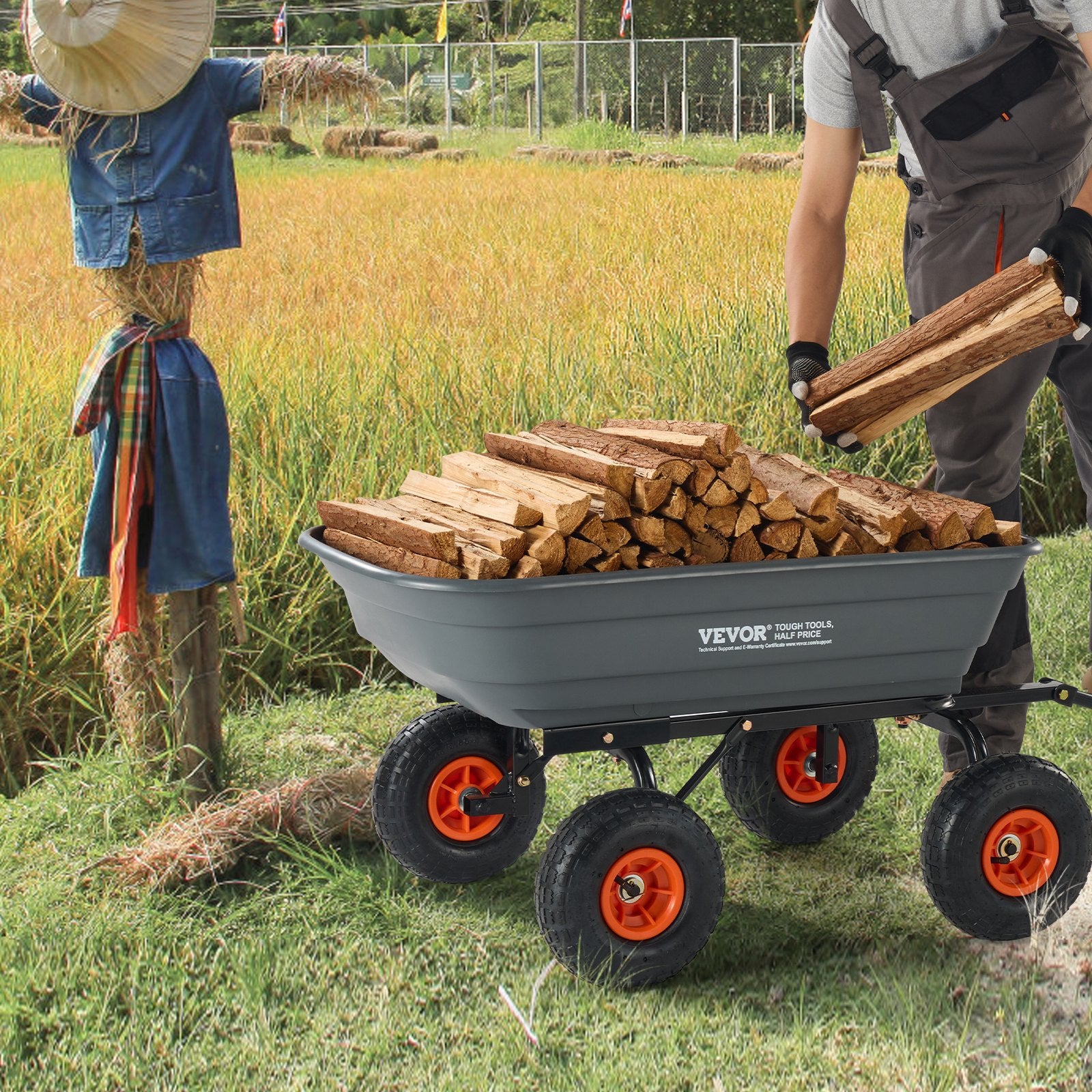 VEVOR Dump Cart, Poly Garden Dump Cart with Easy to Assemble Steel Frame, Dump Wagon with 2-in-1 Convertible Handle, Utility Wheelbarrow 272kg/ 600lbs Capacity, 25.5cm/ 10 inch Tires