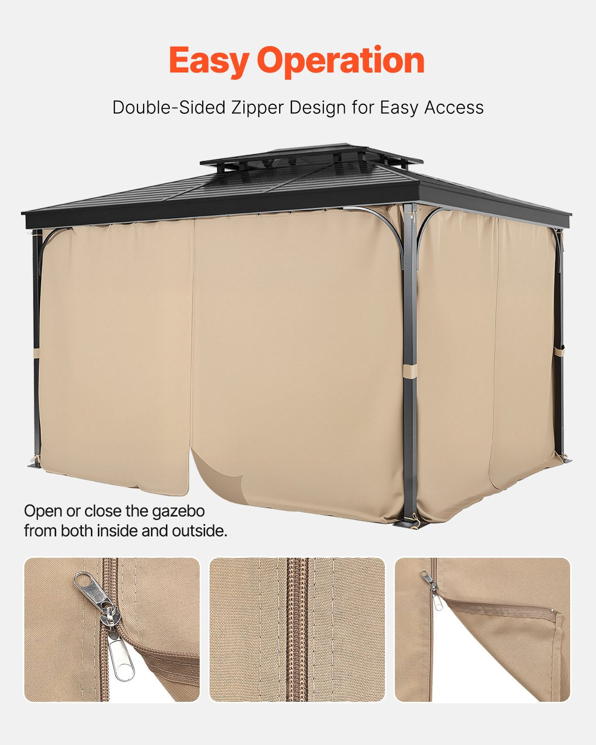 VEVOR Gazebo Curtains Outdoor, Fit Most 10' x 10' x 6.7' Gazebos, 4-Panel Sidewall Gazebo Privacy Curtains with Zippers, Outdoor Curtain Replacement for Patio Canopy, Only Curtain, Khaki