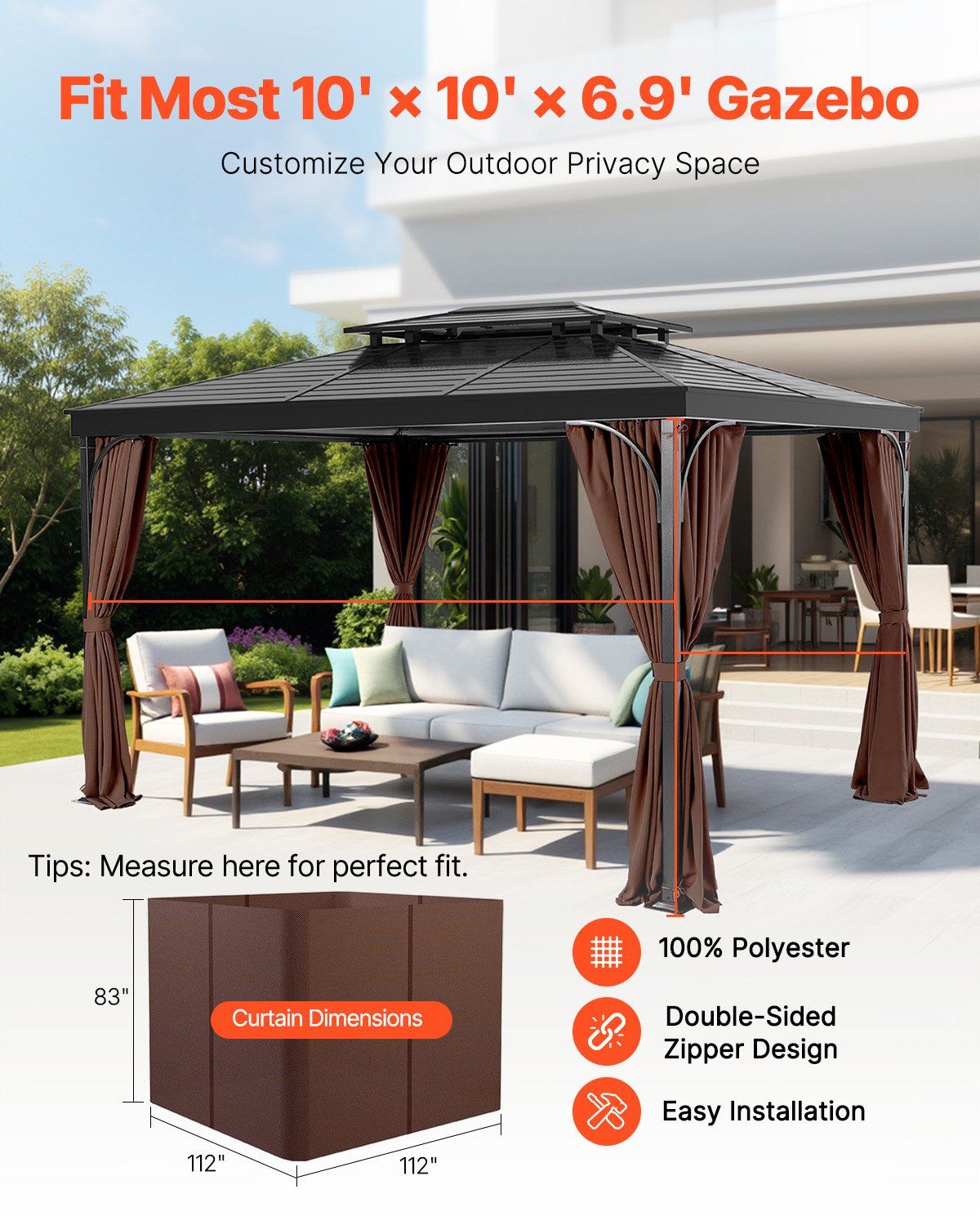 Gazebo Curtains Outdoor, Fit Most 2840 x 2840 x 2110 mm Gazebos, 4-Panel Sidewall Gazebo Privacy Curtains with Zippers, Outdoor Curtain Replacement for Patio Canopy, Only Curtain, Coffee