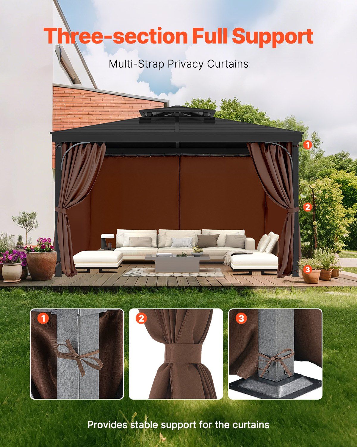 Gazebo Curtains Outdoor, Fit Most 2840 x 2840 x 2110 mm Gazebos, 4-Panel Sidewall Gazebo Privacy Curtains with Zippers, Outdoor Curtain Replacement for Patio Canopy, Only Curtain, Coffee