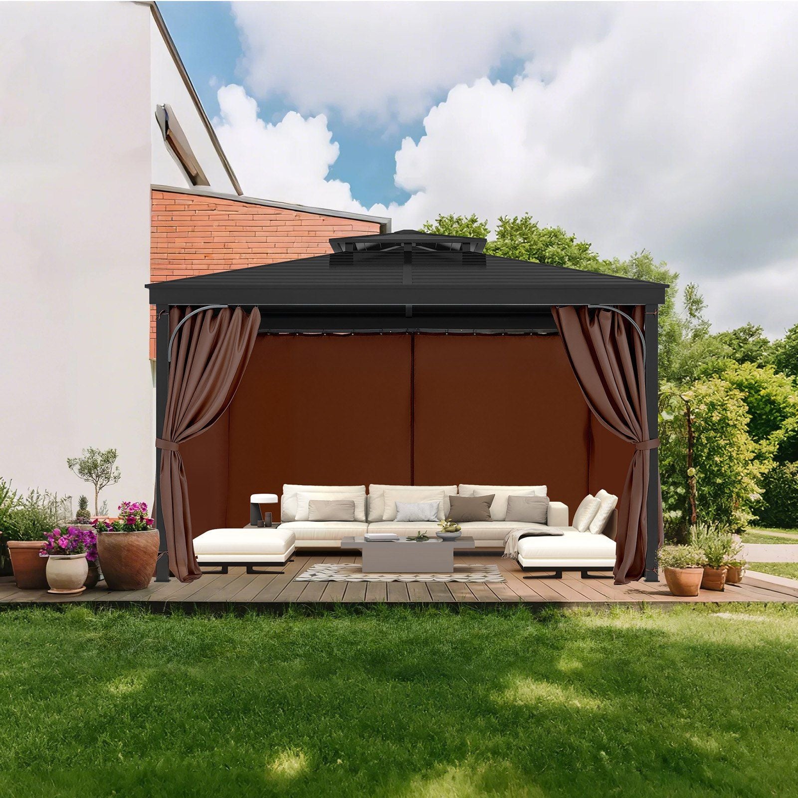 Gazebo Curtains Outdoor, Fit Most 2840 x 2840 x 2110 mm Gazebos, 4-Panel Sidewall Gazebo Privacy Curtains with Zippers, Outdoor Curtain Replacement for Patio Canopy, Only Curtain, Coffee