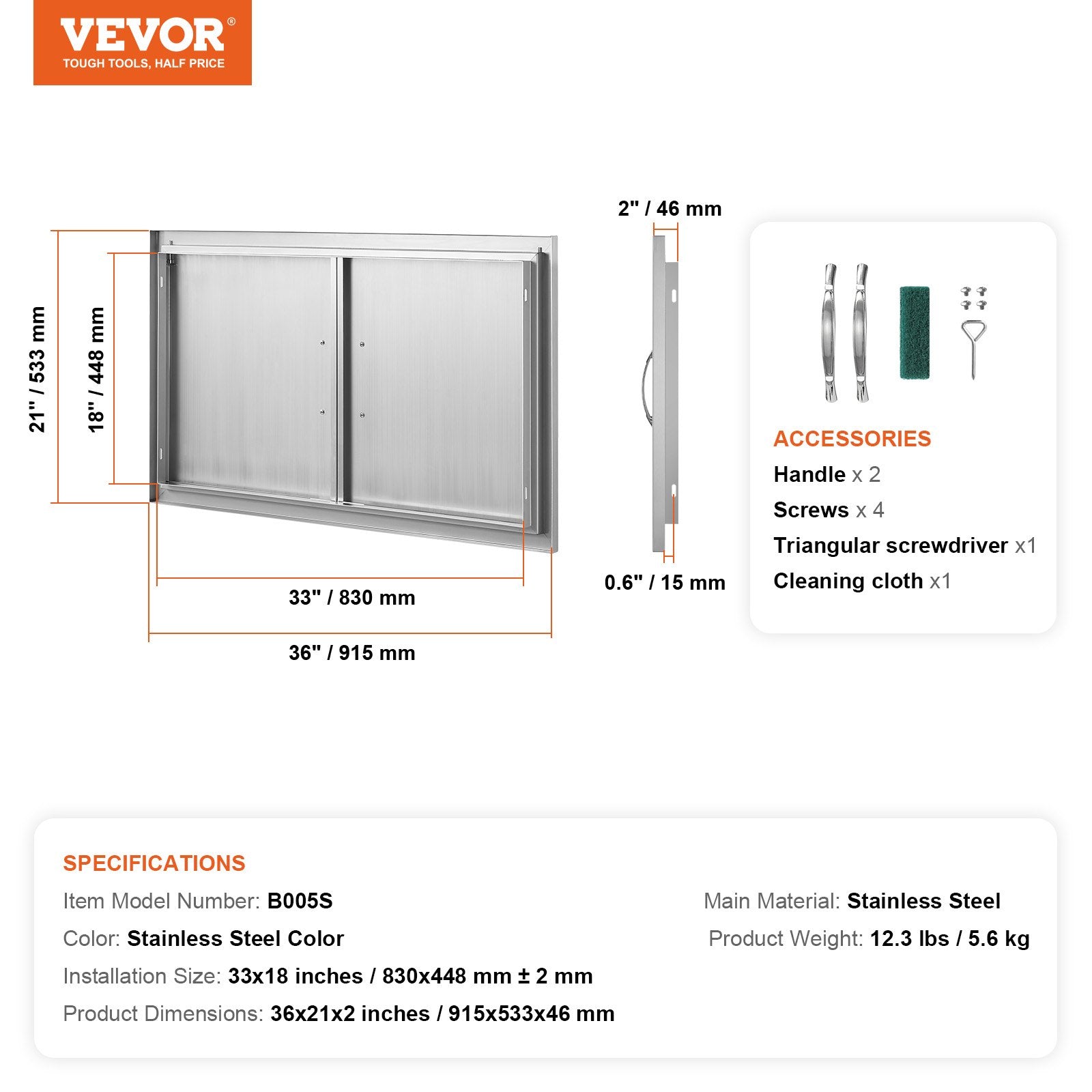 VEVOR BBQ Access Door, 915x533 mm Double Outdoor Kitchen Door, Stainless Steel Flush Mount Door, Wall Vertical Door with Handles, for BBQ Island, Grilling Station, Outside Cabinet