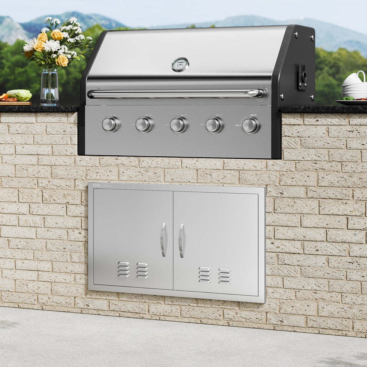 BBQ Access Door, 914x534 mm Double Outdoor Kitchen Door, Stainless Steel Flush Mount Door, Wall Vertical Door with Handles and Vents, for BBQ Island, Grilling Station, Outside Cabinet