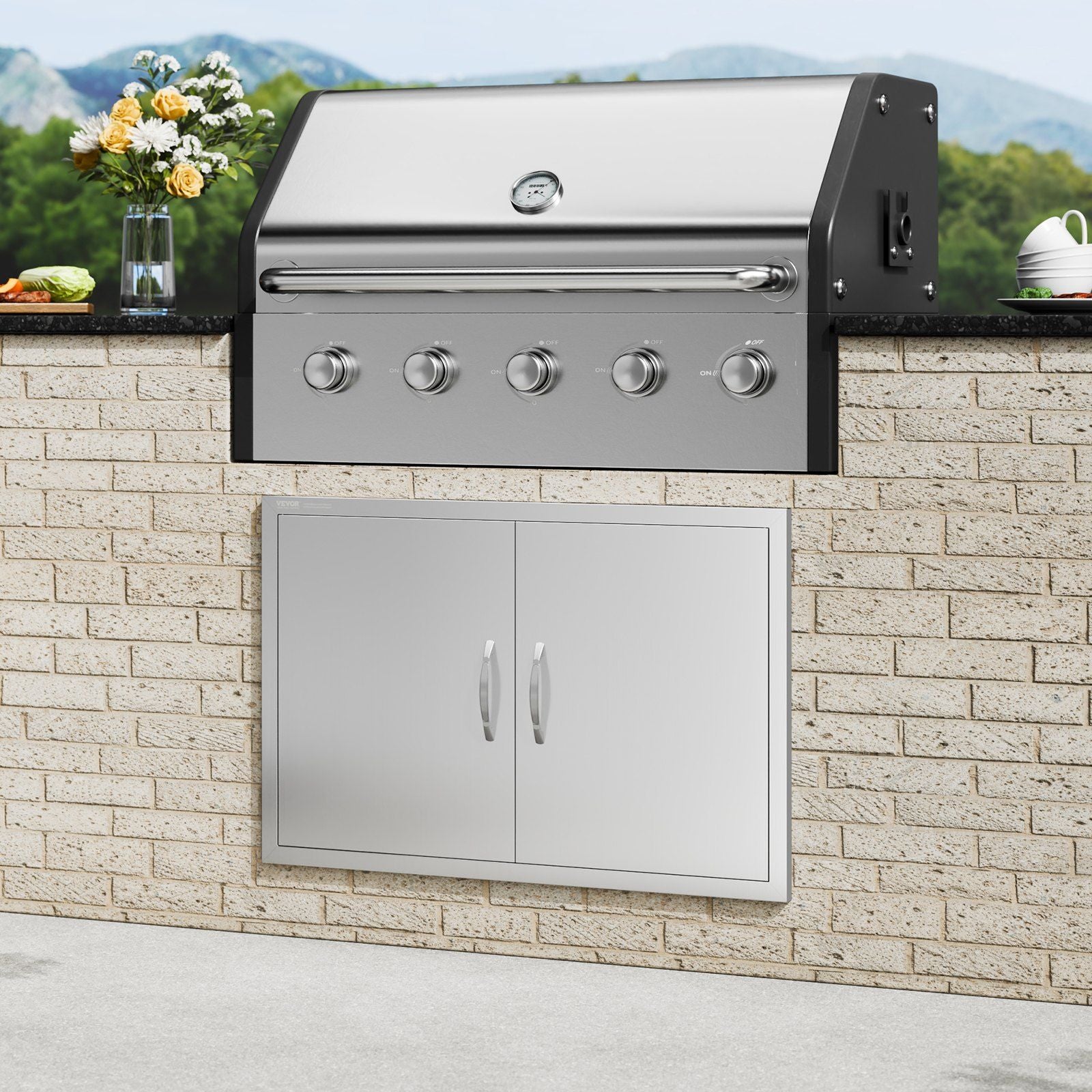 BBQ Access Door, 915x610 mm Double Outdoor Kitchen Door, Stainless Steel Flush Mount Door, Wall Vertical Door with Handles, for BBQ Island, Grilling Station, Outside Cabinet