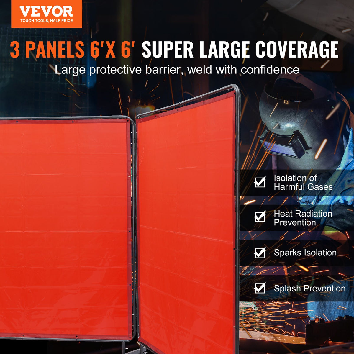 VEVOR Welding Screen with Frame, 6' x 6' 3 Panel Welding Curtain Screens, Flame-Resistant Vinyl Welding Protection Screen on 12 Swivel Wheels (6 Lockable), Moveable & Professional for Workshop, Red