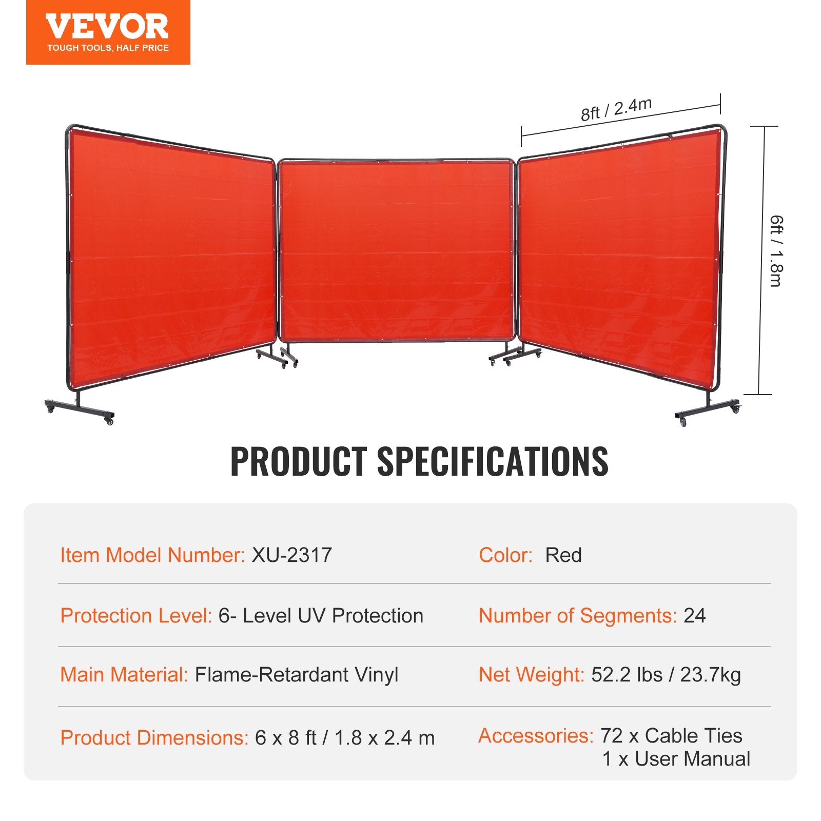 VEVOR Welding Screen with Frame 3 Panel 6' x 8' Welding Curtain Screen 12 Wheels
