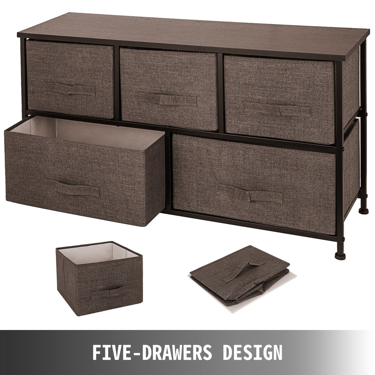 VEVOR Dresser Storage Tower with 5 Fabric Drawer Steel Frame Storage Cabinet Bin Storage Organizer Unit Fabric Cube Dresser Chest Cabinet Coffee Wide (Coffee/Wide)