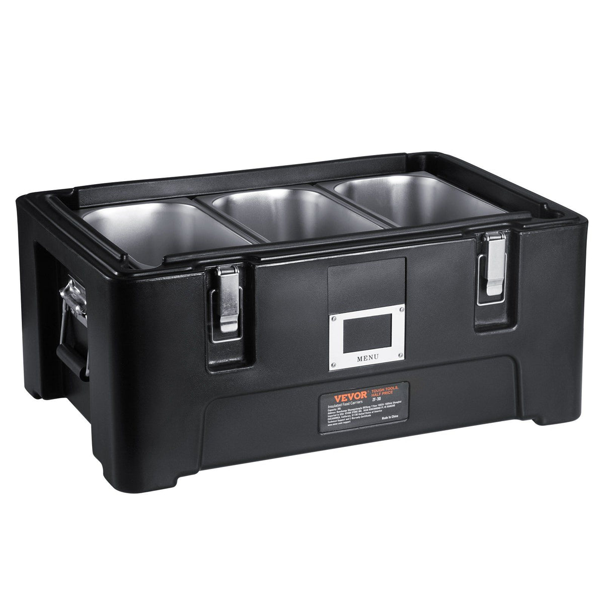 Insulated Food Pan Carrier, 36Qt Capacity, Stackable Catering Hot Box with 3 Stainless Steel Pans, Top Load LLDPE Food Warmer with Elastic Side Handles and Buckles, for Restaurant Canteen, Black