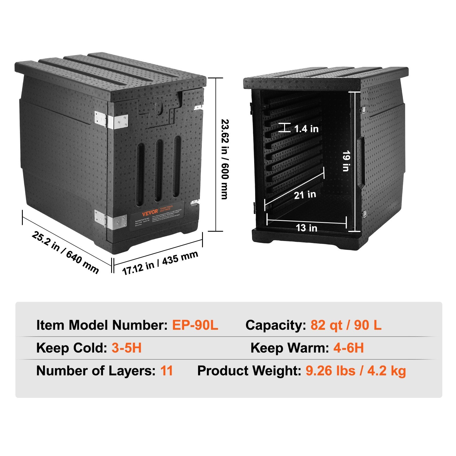 VEVOR Insulated Food Pan Carrier, 90L Hot Box for Catering, LLDPE Food Box Carrier with Double Buckles, Front Loading Food Warmer for Restaurant, Canteen, etc.
