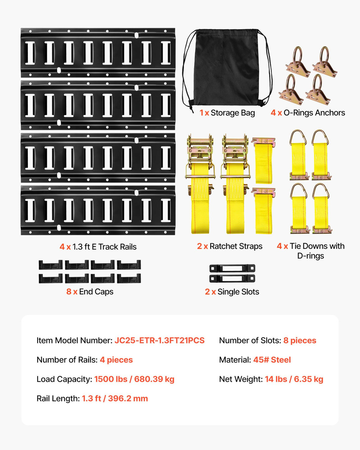VEVOR E-Track Tie-Down Rail Kit, 4 Pack 0.4 m E Tracks Set, 21 Pcs Includes 2 Ratchet Straps & 4 O-Rings & 4 Tie-Offs with D-Ring & 2 Single Slots & 8 End Caps & 1 Bag, Fit for Garages Vans Trailers