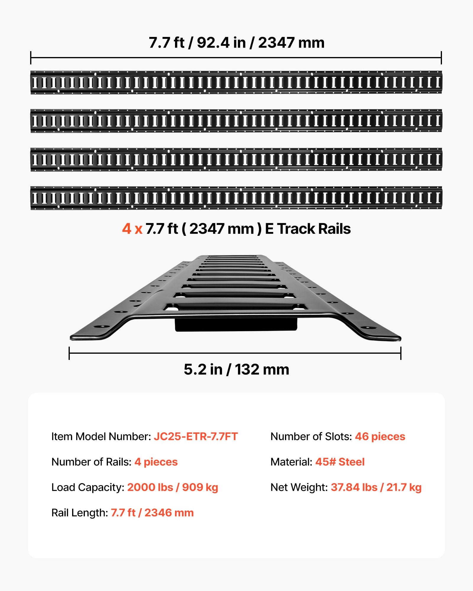 VEVOR E-Track Tie-Down Rails, 4 Pack, 2.3 m E Track Rails Secures Cargo & Heavy Loads Up to 909 kg, Trailer Tie-Down System Suitable for Garages, Vans, Motorcycle Tie Downs, ATV Mountings