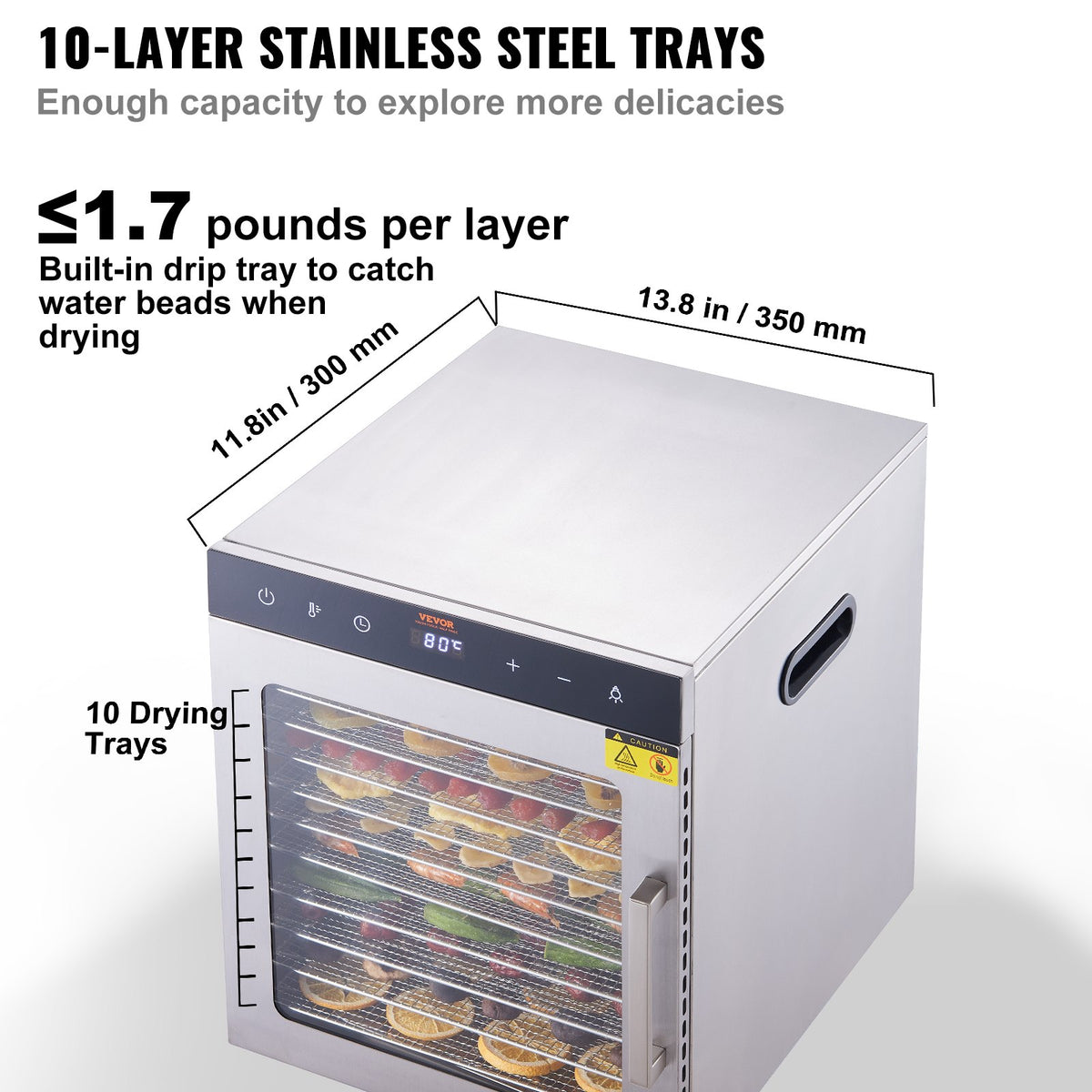 VEVOR 10 Trays Food Dehydrator Machine Stainless Steel 800W Jerky Fruit Drying