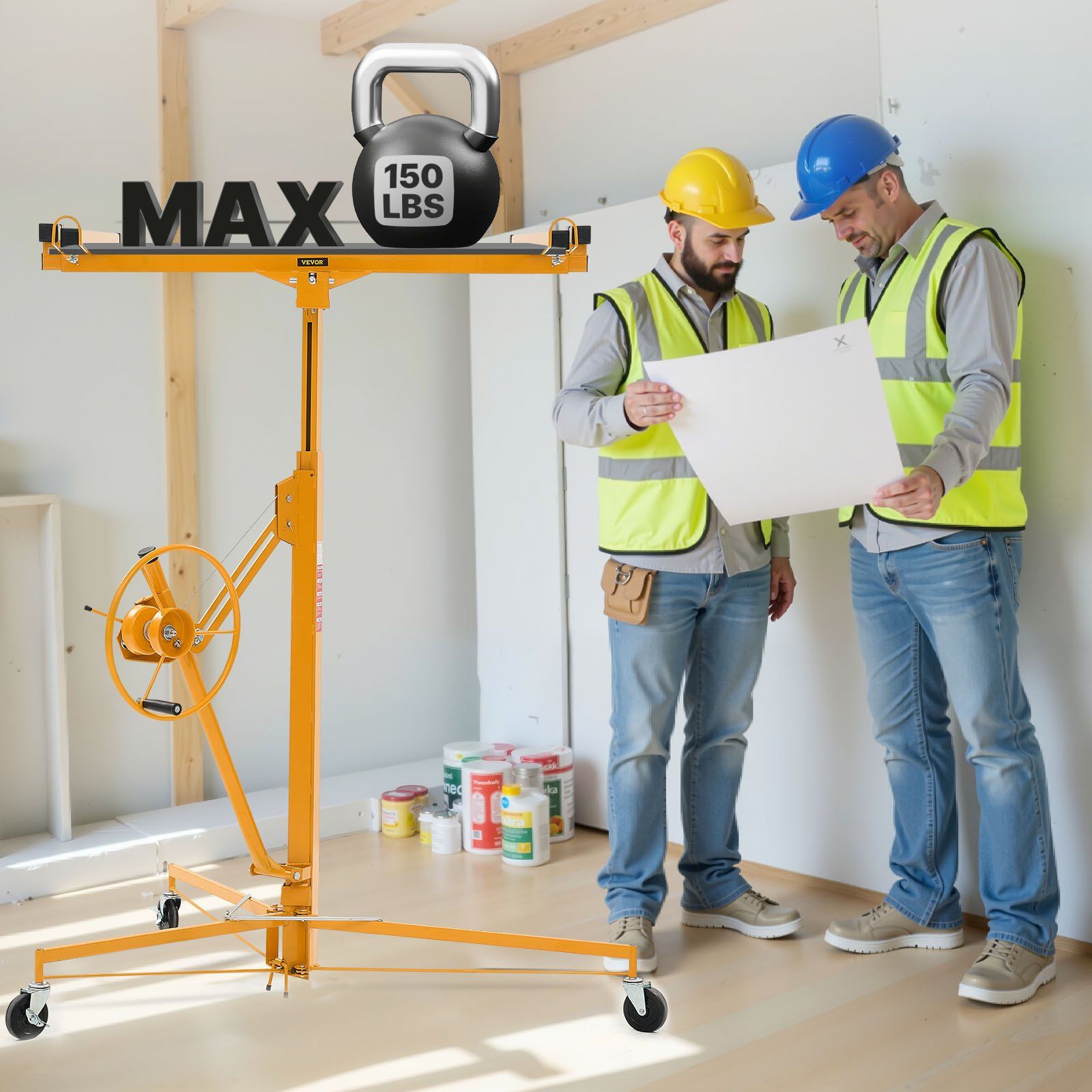 3353mm Drywall Lift, Heavy-Duty 68 kg Sheetrock Hoist with Adjustable Telescoping Arm, Lockable Wheels, Drywall Lifter Panel Jack Hoist Tools Ideal for Ceiling & Wall Installation (Yellow)
