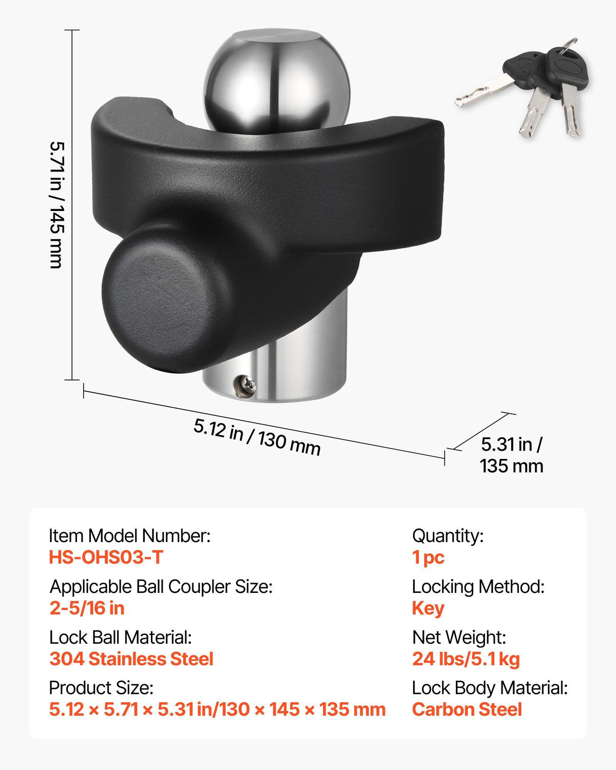 Trailer Hitch Lock, Compatible with 58.7 mm Couplers, Heavy-Duty Anti-Theft Trailer Ball Lock with 3 Keys, Prying-Resistant & Impact-Resistant, Fits for RVs, Boats, Off-Road Vehicles, Trailers