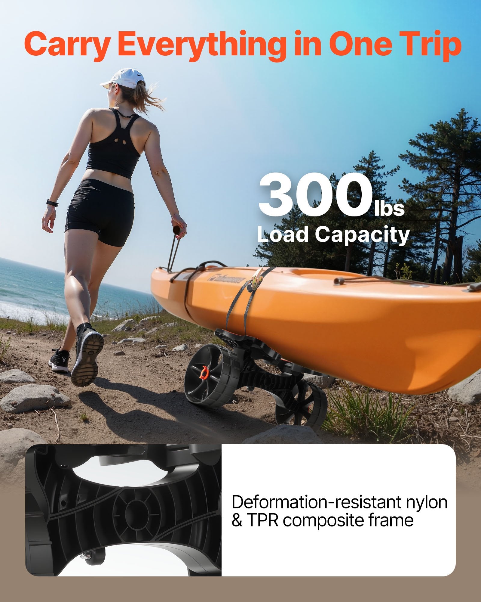 VEVOR Kayak Cart, 136.1 kg Load Capacity, Foldable Kayak Trolley with 25.4 cm Solid Rubber Tires & 1 Ratchet Strap, Paddle Board Trolley for Carrying Kayaks, Canoes, Paddleboards, Float Mats,Jon Boats