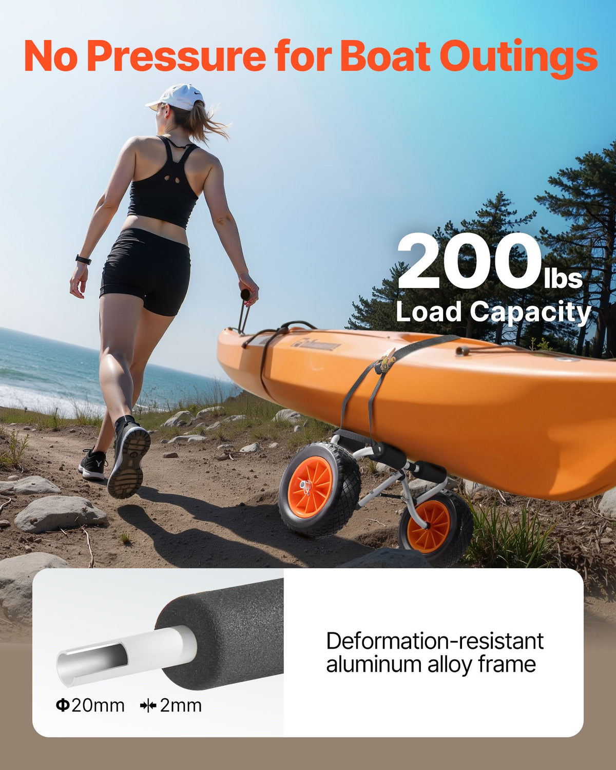 VEVOR Kayak Cart, 90 kg Load Capacity, Foldable Kayak Trolley with 25.4 cm Solid Rubber Tires & 1 Ratchet Strap, Paddle Board Trolley for Carrying Kayaks, Canoes, Paddleboards, Float Mats, Jon Boats