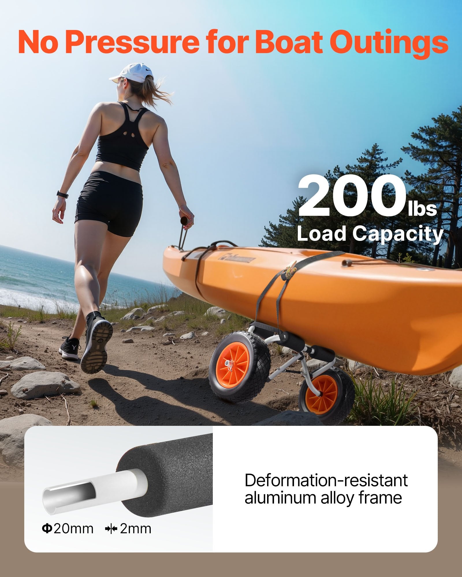 VEVOR Kayak Cart, 90 kg Load Capacity, Foldable Kayak Trolley with 25.4 cm Solid Rubber Tires & 1 Ratchet Strap, Paddle Board Trolley for Carrying Kayaks, Canoes, Paddleboards, Float Mats, Jon Boats