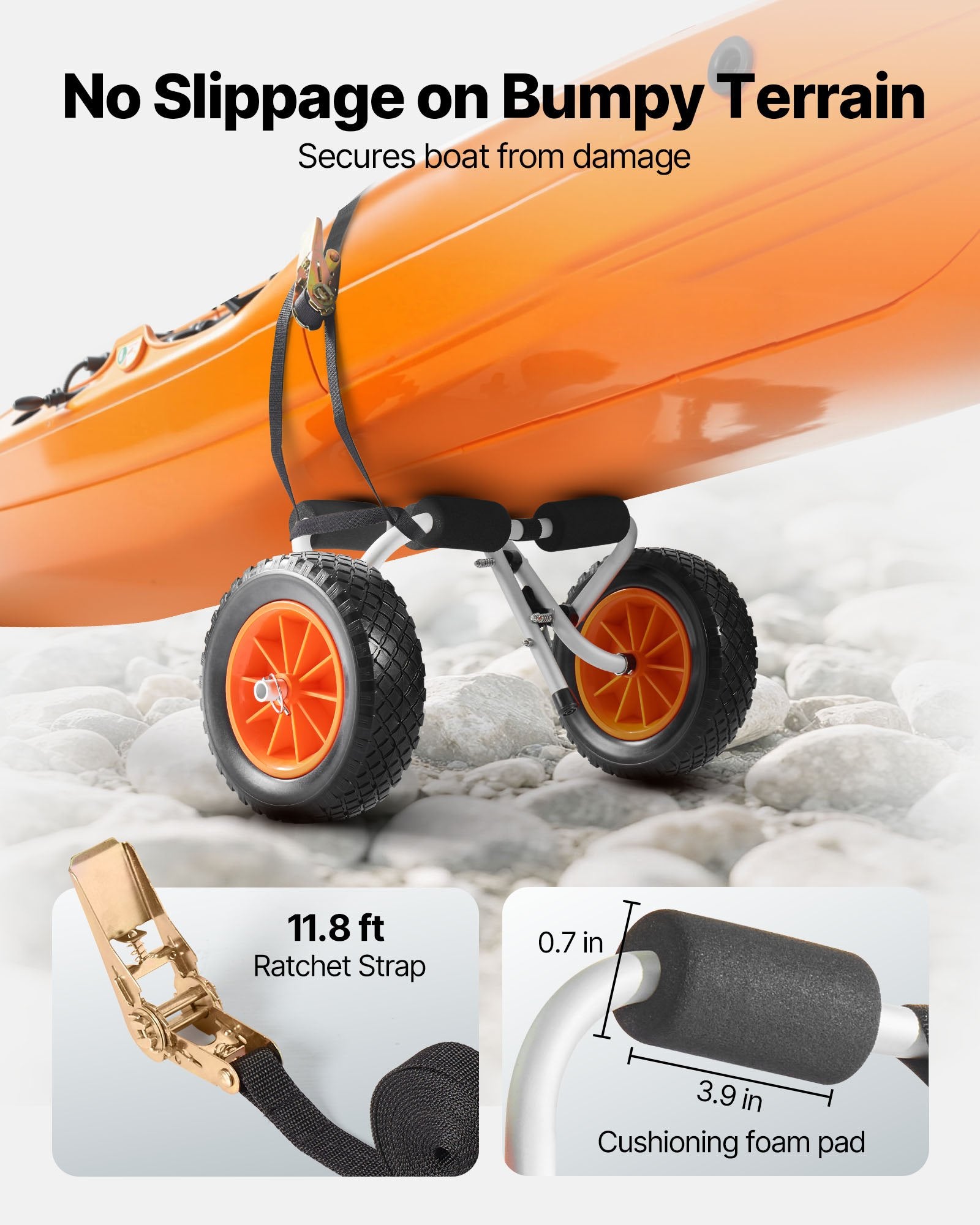 VEVOR Kayak Cart, 90 kg Load Capacity, Foldable Kayak Trolley with 25.4 cm Solid Rubber Tires & 1 Ratchet Strap, Paddle Board Trolley for Carrying Kayaks, Canoes, Paddleboards, Float Mats, Jon Boats