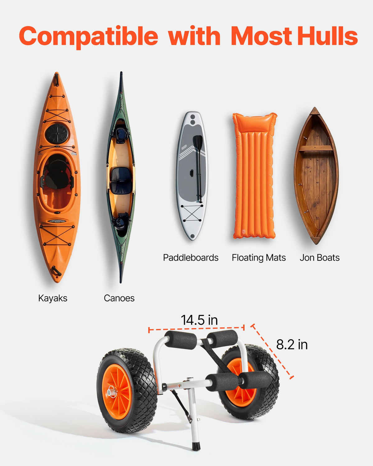 VEVOR Kayak Cart, 90 kg Load Capacity, Foldable Kayak Trolley with 25.4 cm Solid Rubber Tires & 1 Ratchet Strap, Paddle Board Trolley for Carrying Kayaks, Canoes, Paddleboards, Float Mats, Jon Boats