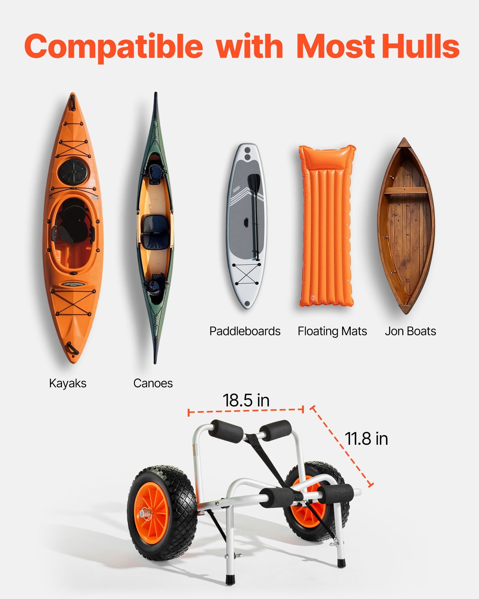 VEVOR Kayak Cart, 113.4 kg Load Capacity, Foldable Kayak Trolley with 25.4 cm Solid Rubber Tires & 1 Ratchet Strap, Paddle Board Trolley for Carrying Kayaks, Canoes, Paddleboards, Float Mats,Jon Boats