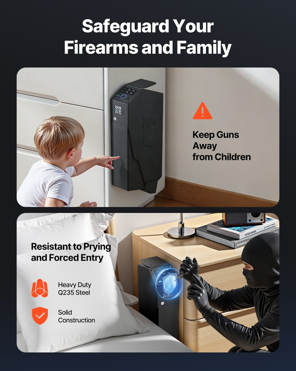 VEVOR Gun Safe, Slider Handgun Gun Safe with Screen, Fingerprint/Password/Key, 3-Way Quick Access Firearm Case Box with LED for 1 Pistol & Magazine, Mounted Gun Box for Nightstand Bedside Desk Car